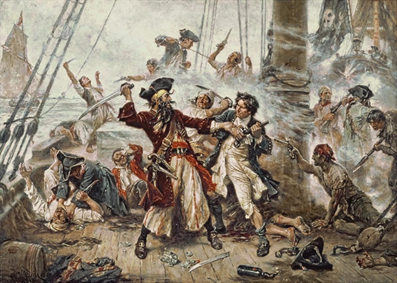 By: Jean Leon Gerome Ferris - Capture of the Pirate, Blackbeard, 1718 depicting the battle between Blackbeard the Pirate and Lieutenant Maynard in Ocracoke Bay